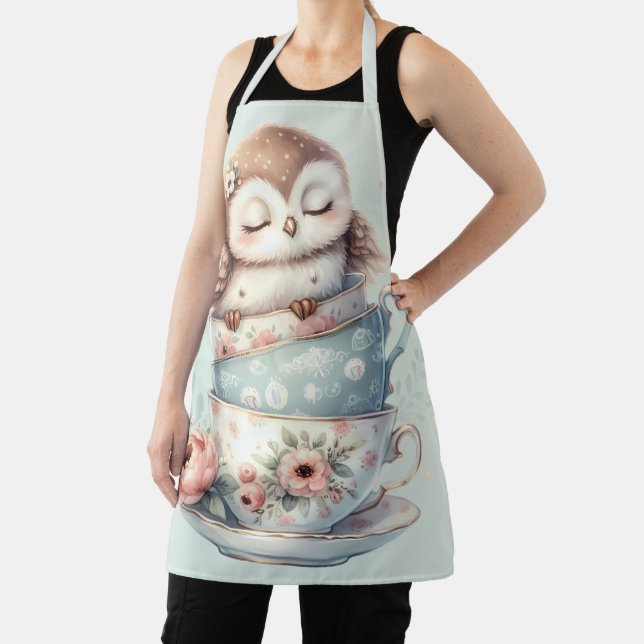 Tablier Sleeping Owl in Stacked Floral Teacups (Insitu)