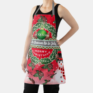 Tablier Snowman avec baies Holly et VOTRE NOM sur RED