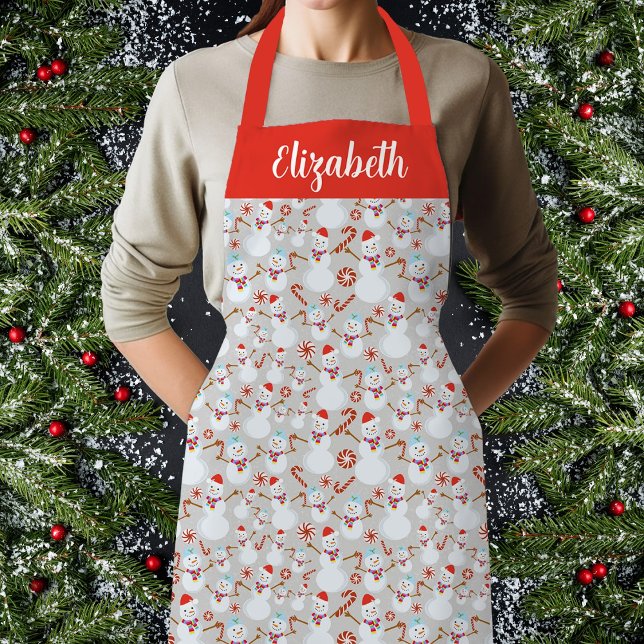Tablier Snowman Peppermenthe Sucre de canne Design de Noël (Snowman Christmas Peppermint Candy Cane Candies Apron, Customize, Personalize.)