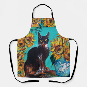 TABLIER SOUCHES AVEC CHAT NOIR EN TURQUOISE BLEUE