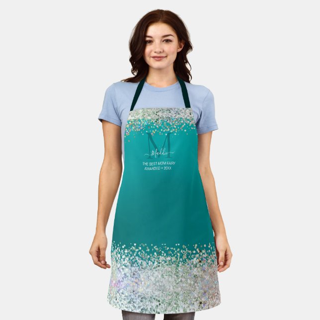 Tablier Sparkle glittery glam turquoise personnalisé Monog (Porté)