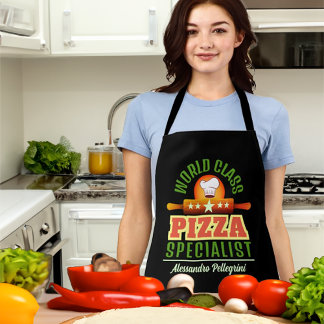 Tablier SPÉCIALISTE DE LA PIZZA avec nom sur fond TOUT NOI