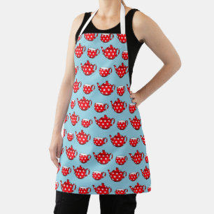Tablier Spotty Red Teapot et tasses Motif bleu