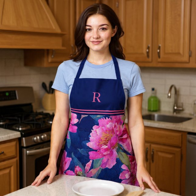 Tablier Stunning Pink Floral Bloom Monogrammed (Stunning Pink Floral Bloom Monogrammed Apron by Ricaso. Add your own monogram. Ideal gift idea)