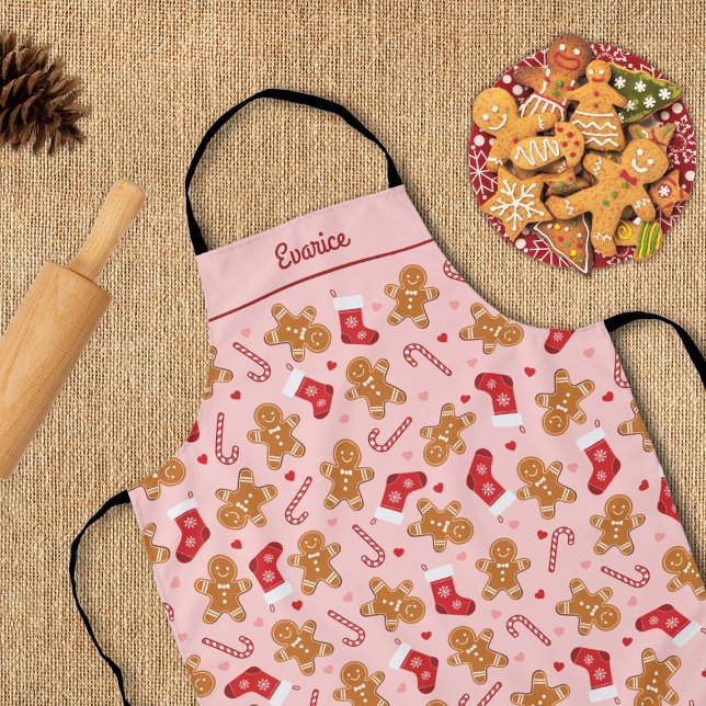Tablier Sucre de canne en pain d'épices Bas Noël rose (gingerbread candycane stockings hearts cute pink christmas apron)