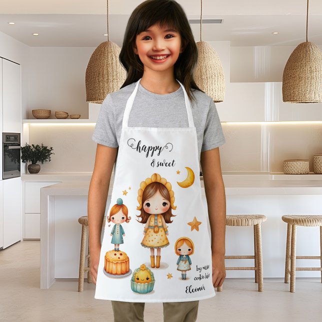 Tablier Sweet Girly Cookie Baker (Apron featuring a cheerful design with girls and sweet baked goods and stars and moon)