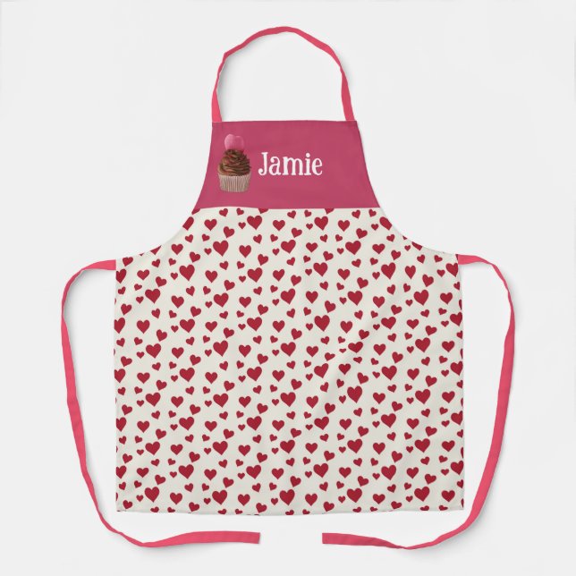 Tablier Sweet Heart Rouge Rose Joyeux Cupcake Personnalisé (Recto)