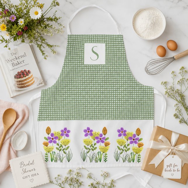 Tablier Tabard Vert Gingham Fleurs Sauvages Monogramme  (Créateur téléchargé)