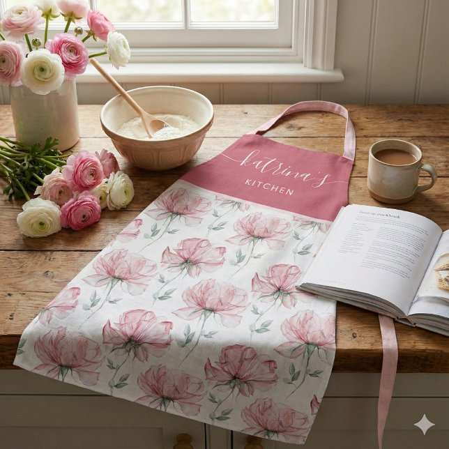 Tablier Tabardier à impression intégrale de fleurs à l'aqu (This beautiful watercolor floral personalized apron would make a great bridal shower gift! )