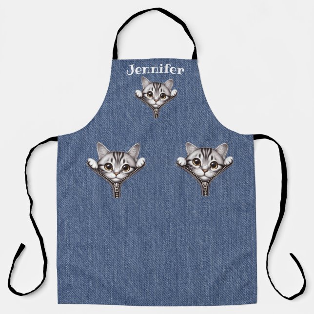 Tablier Tabby Cat En Argent Cute Tout-En-Dessus Imprimé Ta (Recto)