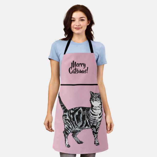 Tablier Tabby Cat Merry Catsmus Pink Christmas Stocking (Porté)
