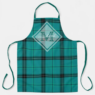 Tablier Tartan personnalisé monogramme Turquoise classiqu