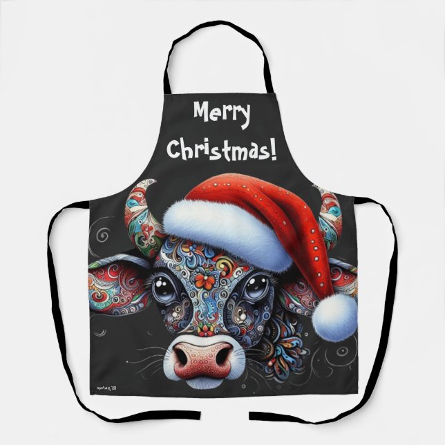 Tablier Taureau de vache de Noël avec chapeau rouge floral (Recto)
