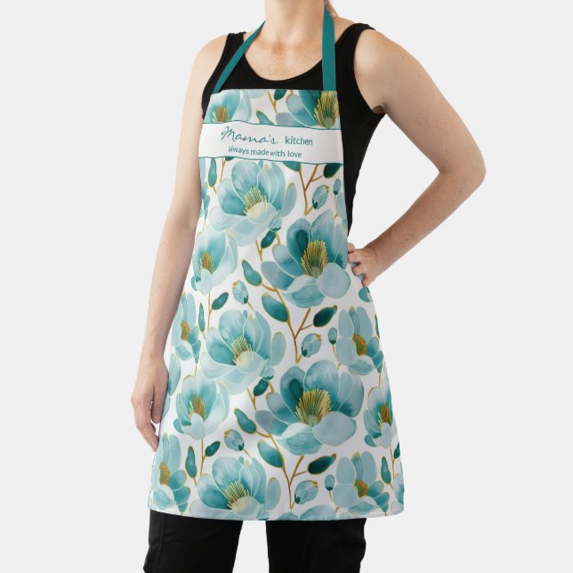 Tablier Teal Blue Floral Mama's Kitchen (Insitu)