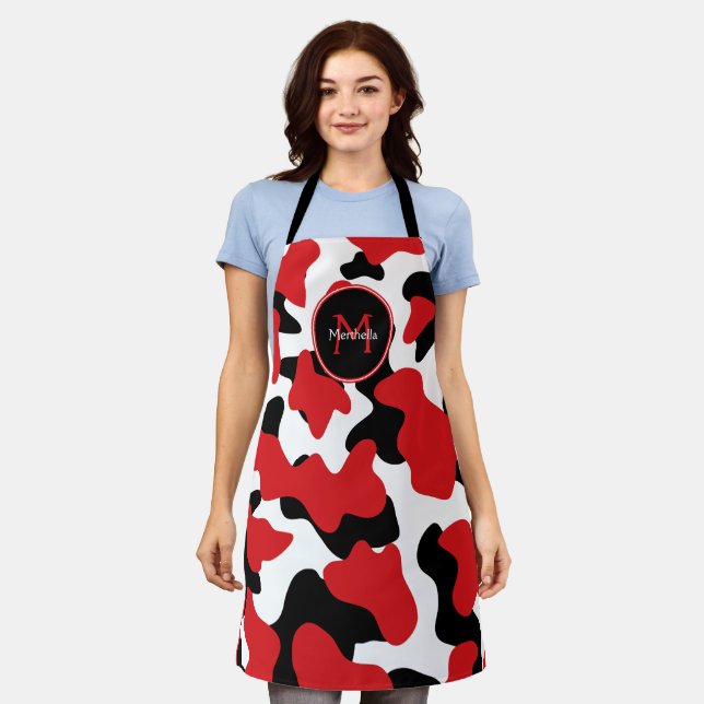 Tablier Tendance Vache Noire Rouge Impression personnalisé (Porté)
