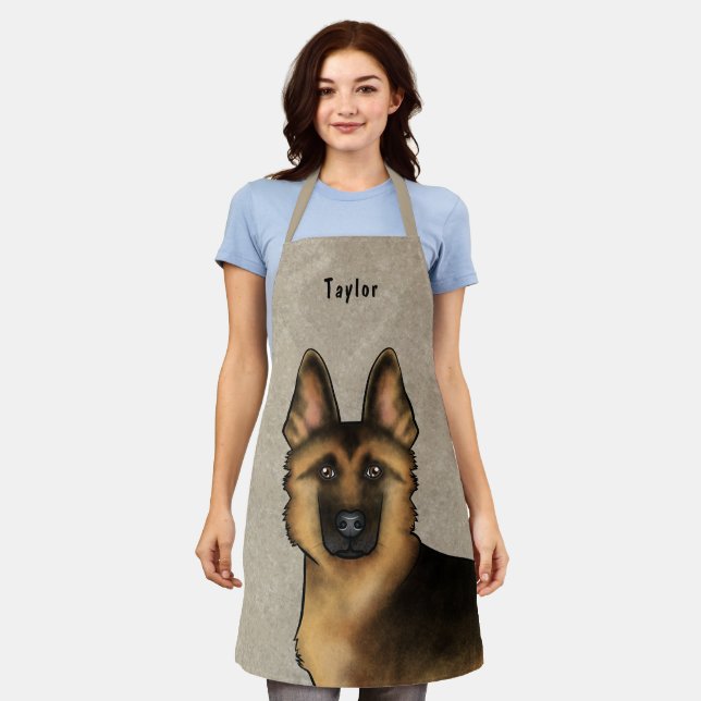 Tablier Tête De Berger Allemande Noire Et Tan Et Nom Beige (Porté)