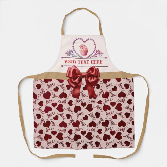 Tablier Texte personnalisé, Aquarelle Coeur et Cupcake (Recto)