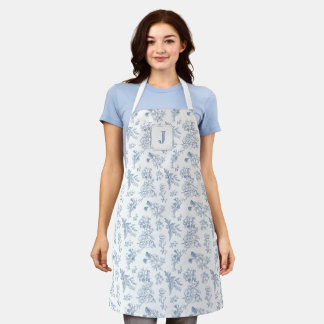 Tablier Toile de Jouy Fleurie Bleue Monogramme Personnalis
