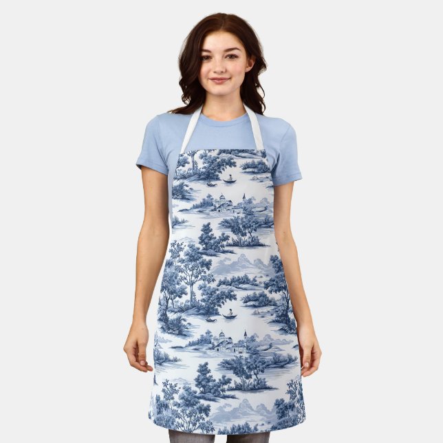 Tablier Toile de jouy, porcelaine bleue, porcelaine, saule (Porté)