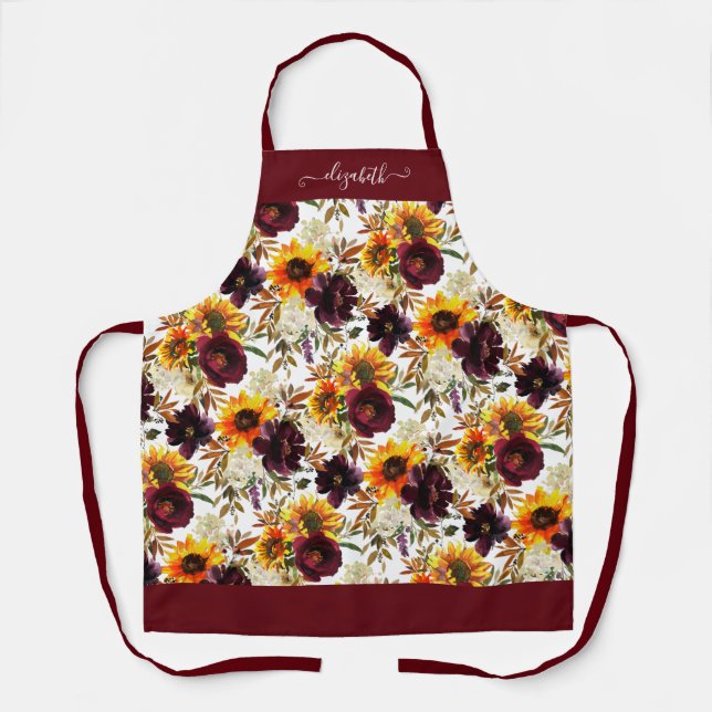 Tablier Tournesol rustique Bourgogne Automne Floral Aquare (Recto)