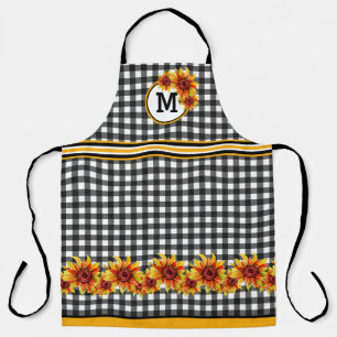 Tablier Tournesols sur gingham noir monogrammé