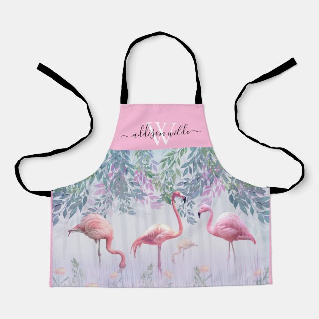 Tablier Tropical Cute Family Flamants roses Roses Aquarell (Recto)