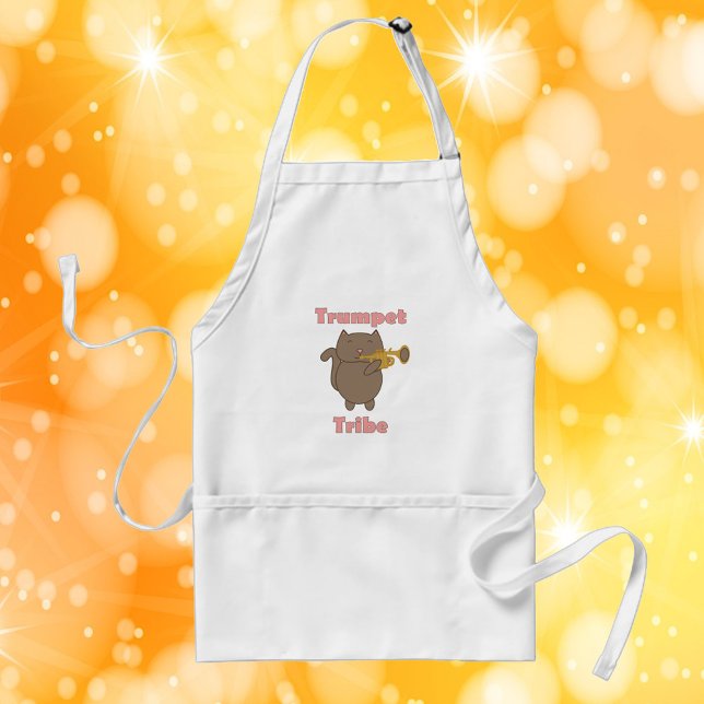 Tablier Trumpet Tribe Brown Cat Pink (An apron featuring a brown cat playing the trumpet and the text trumpet tribe)