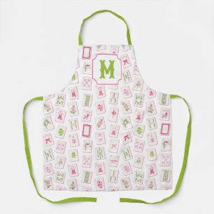 Tablier Tuiles de Mahjong à l'aquarelle avec ruban rose et