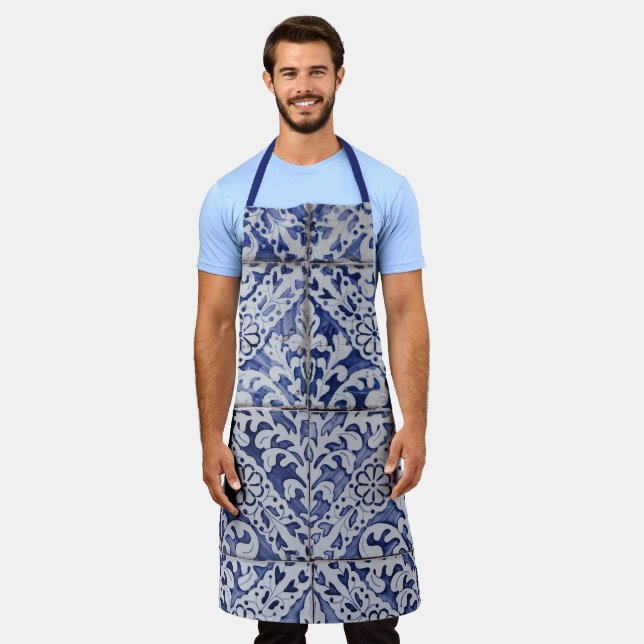 Tablier Tuiles portugaises - Azulejo Floral bleu et blanc (Porté)