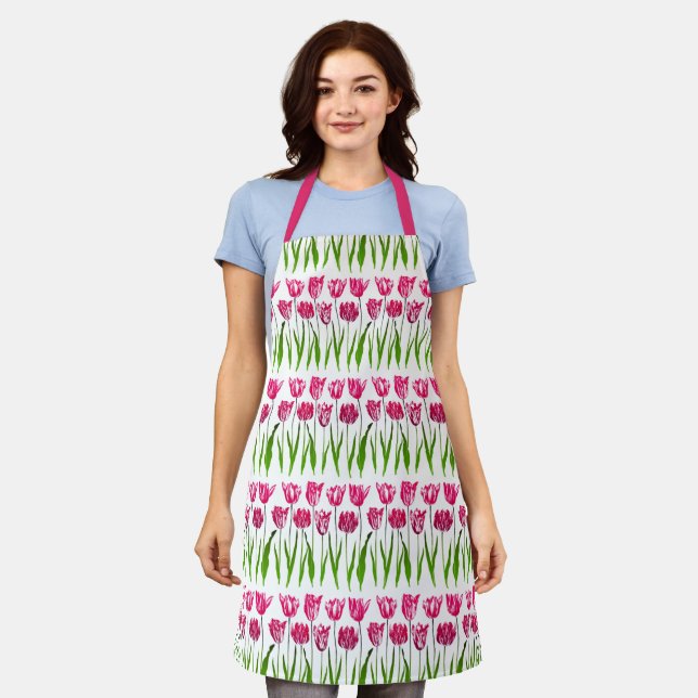 Tablier Tulip Garden Imprimer en rose et vert Fuchsia (Porté)