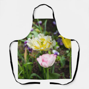 Tablier Tulipes blanches, roses et jaunes dans le jardin