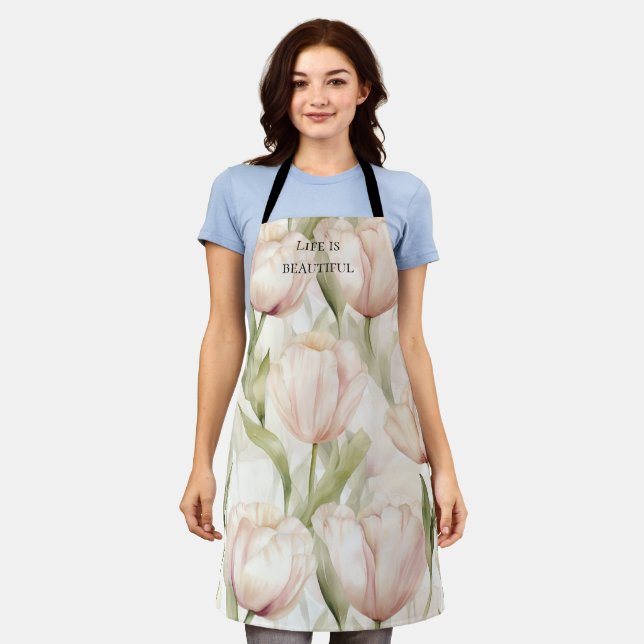 Tablier Tulipes Fleurales Crème Rose Pâle Fête de Mariage  (Porté)