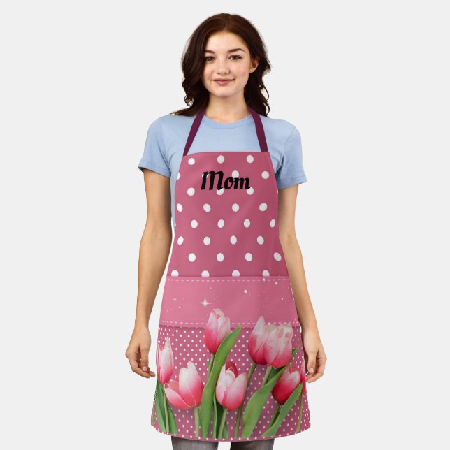 Tablier Tulipes roses Modèles sur Pois roses et blancs (Porté)