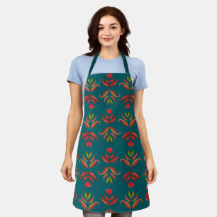 Tablier Turquoise Folk Art Floral Print Cosy Rustic Automn