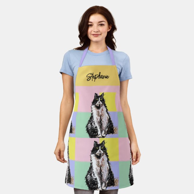Tablier Tuxedo Chat Pastel Couleurs Rose Girls Nom (Porté)