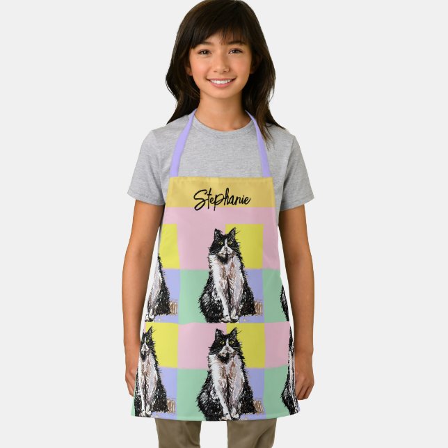 Tablier Tuxedo Chat Pastel Couleurs Rose Girls Nom des enf (Insitu)