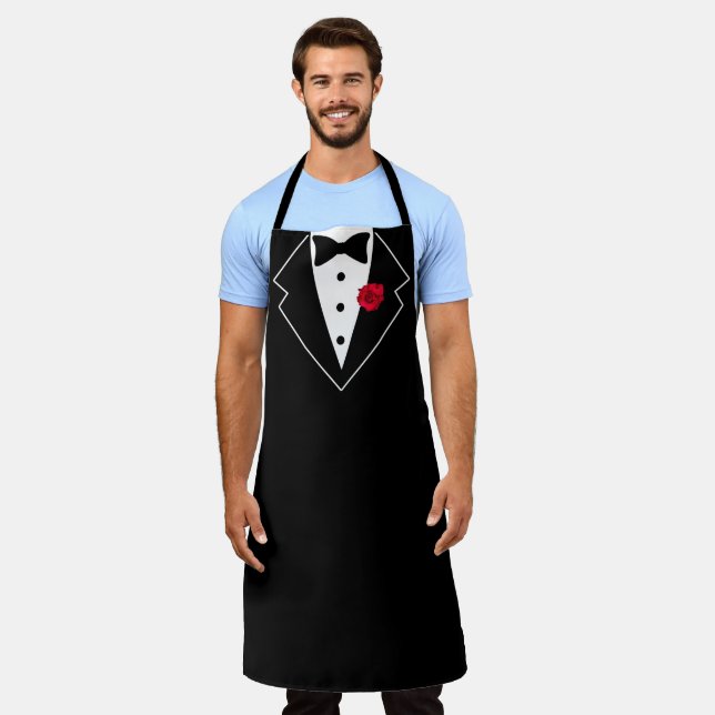 Tablier Tuxedo noir et blanc avec Fleur rouge en Lapon (Porté)