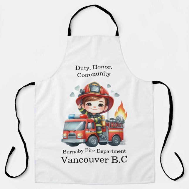 Tablier Un pompier joyeux en action sur un camion lumineux (Recto)