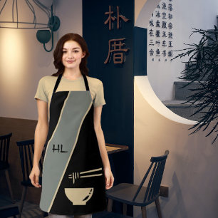 Tablier Unique en noir asiatique monogramme avec baguettes