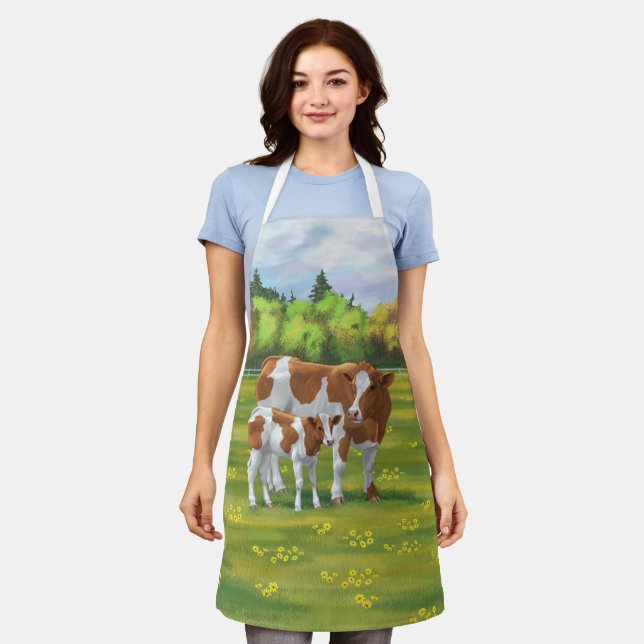 Tablier Vache de Guernesey et veau mignon dans les pâturag (Porté)