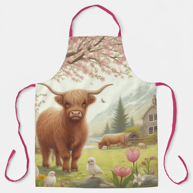 Tablier Vache des hautes terres mignonne, florale/printani (Recto)