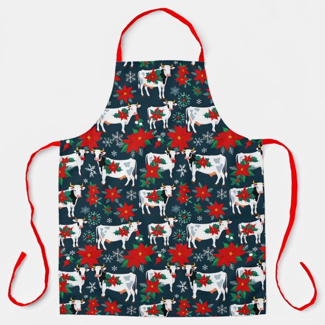 Tablier Vaches de Noël et Poinsettias (Recto)