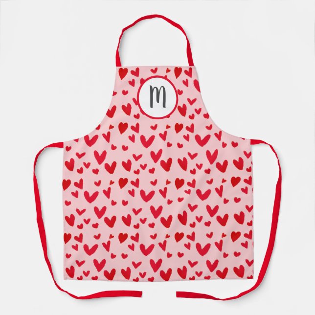 Tablier Valentines Rouge rose Doodle Hearts Motif Monogram (Recto)
