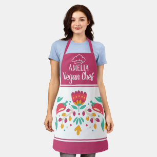 Tablier Vegan Chef floral fuchsia rose coloré