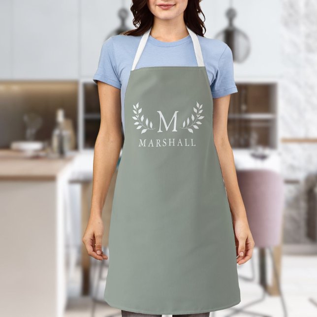 Tablier Vert Moderne Élégant Monogramme Floral Nom (Green Modern Elegant Floral Monogram Name Apron)