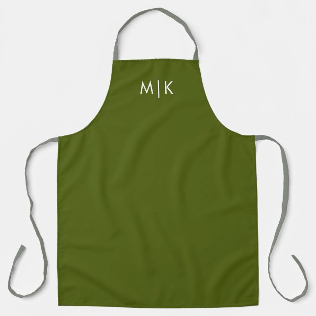 Tablier Vert olive avec texte blanc | Monogramme moderne (Recto)