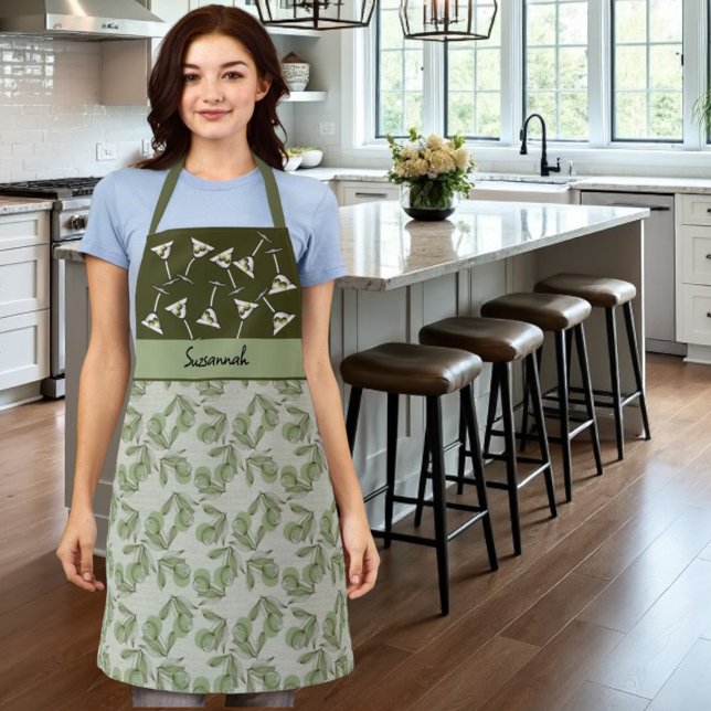 Tablier Vert olive & Martini Motif en verre Personnalisé (all over print medium apron with template text)