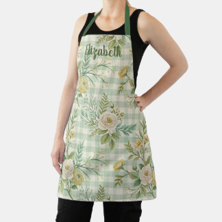 Tablier Vert sauge Gingham Floral Personnalisé