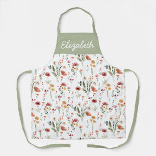 Tablier Vert sauge rose aquarelle Fleur sauvage nom person