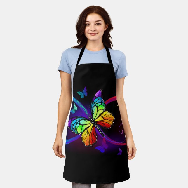 Tablier Vibrant infinity with rainbow butterfly on black (Porté)